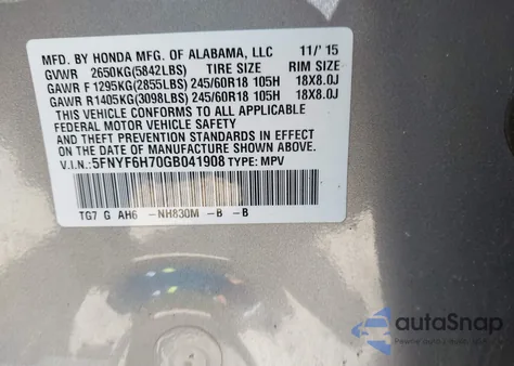 2016 Honda Pilot Ex-L from USA, damaged, VIN 5FNYF6H70GB041908